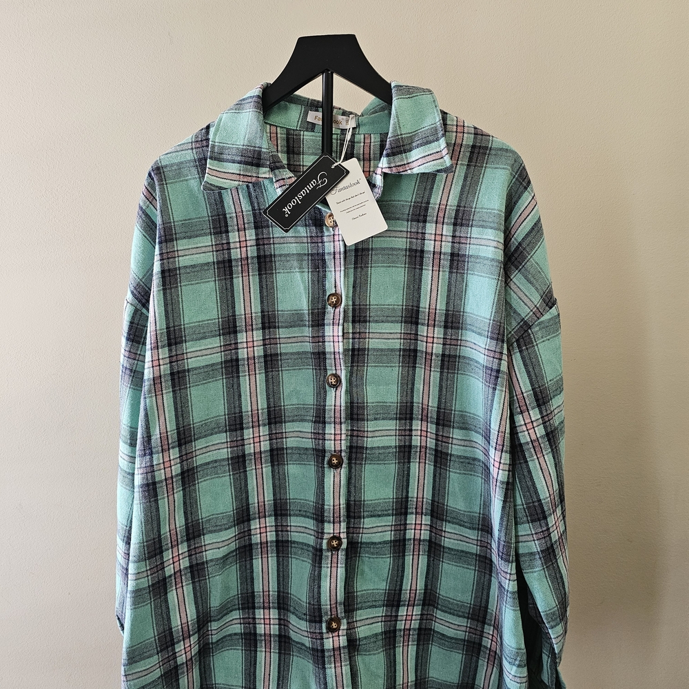 ​NWT Fantaslook Mint Green Plaid Flannel Shirt Button Down Top Size 2XL